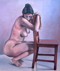 Acuclillada en azul - Pintora Victoria Andrea Mu&ntilde;oz Serra